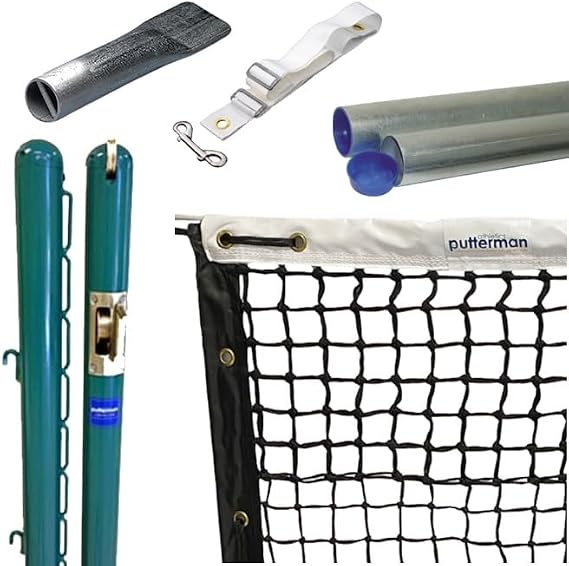 Putterman Tennis Posts Permanent Court Kit 3 OD, Round, Internal Wind, Green Optional Ground Sleeves