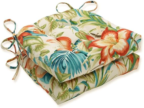 Pillow Perfect Tropic Floral Indoor/Outdoor Chairpad with Ties, Reversible, Tufted, Weather, and Fade Resistant, 15.5" x 16", Blue/Green Botanical Glow, 2 Count