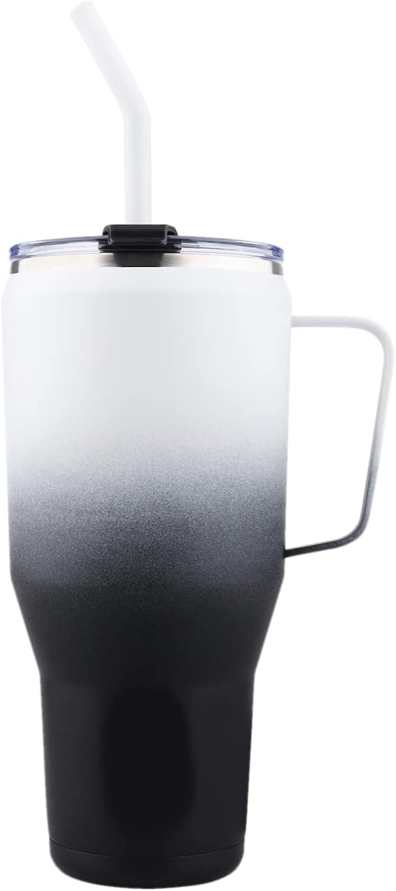30 oz Tumbler with Handle Lid and Strawe, Double Wall Vacuum Sealed Stainless Steel Insulated Slim Tumblers, Vacuum Travel Mug Gift for Hot Cold Drinks with Cleaning, Black White