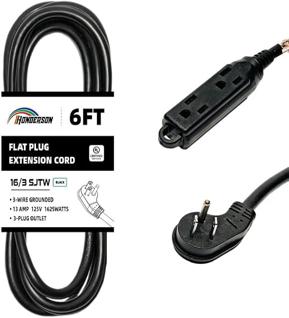 6 Ft Black Flat Plug Indoor Extension Cord Outlet Extender 3 Outlet