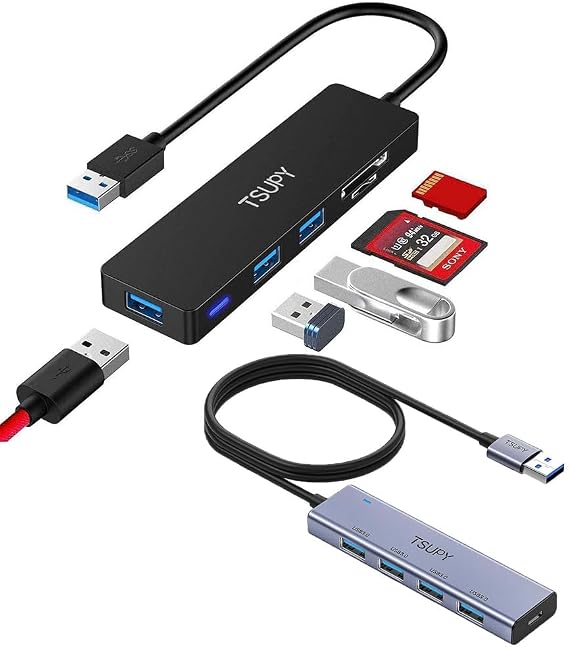 TSUPY Multiport Adapter USB 3.0 Hub with SD Micro SD Card Reader, 3 USB 3.0 Ports,USB Splitter with 5 USB Ports and 4ft Extended Cable