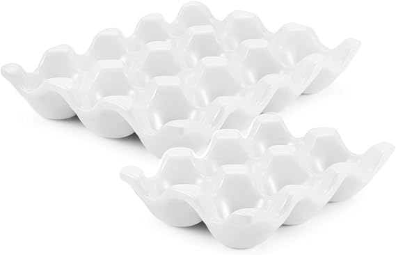 Flexzion Ceramic Egg Holder for Fridge, 18-Cup Porcelain Tray, White