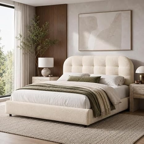 BarnFurin Queen Bed Frame with Soft Curved Boucle Headboard, Cream
