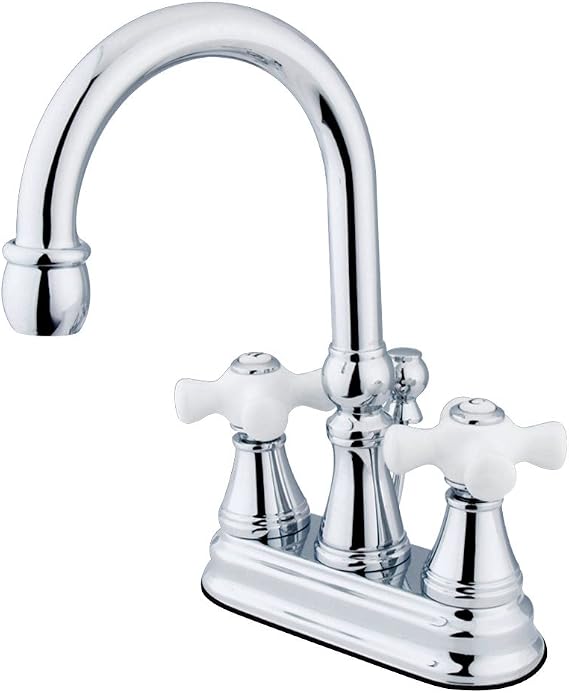 Kingston Brass KS2611PX Vali Pirinç Açılır ve Porselen Çapraz Saplı 4 İnç Centerset Lavabo Bataryası, Parlak Krom