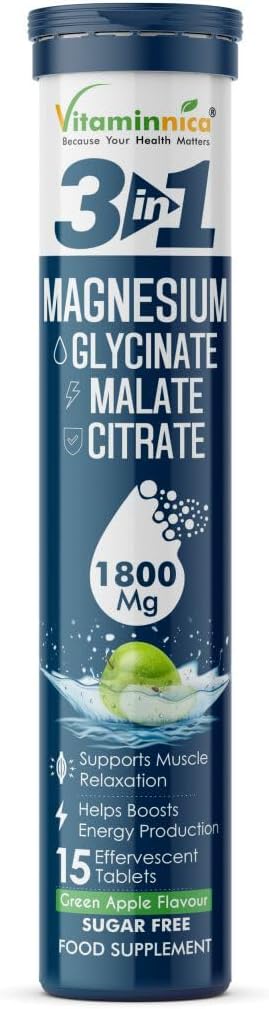Vitaminnica Magnesium 3-in-1-15 Effervescent Tablets Green Apple Flavour – High Absorption Magnesium Malate, Citrate & Glycinate – Energy, Muscle Function & Relaxation – Sugar-Free