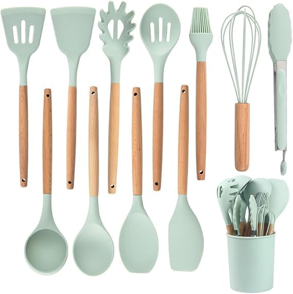 Kitchen Utensil Set, 12 PCS Silicone Cooking Utensils Set with Wooden Handle, Nonstick Cookware Tongs Spatula Spoon Set, Heat Resistant, Dishwasher Safe, Best Kitchen Tools (Green)