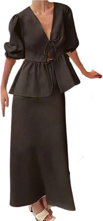 Halfword Two Piece Sets For Women Puff Sleeve Tie Front Top and Maxi Skirt Set 2 Piece Outfits Casual Beach Vacation Clothes