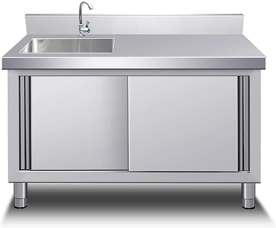 Freestanding Utility Sink with Cabinet, Outdoor Stainless Steel Single Bowl Kitchen Hand Basin Washing Tub, Heavy-Duty Table Commercial Fish Cleaning Station for Restaurant Garage Laundry Home Hotel(L