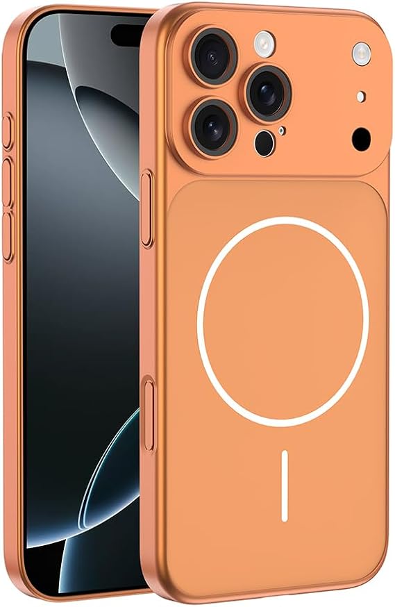 iPhone 17 Pro için Magsafe ile Uyumlu Parmak İzi Tutmayan Alüminyum Görünümlü Kılıf Süper Wireless Kablosuz Şarj Destekli Sert ve Dayanıklı Polikarbon Malzeme (Turuncu, iPhone 17 Pro)