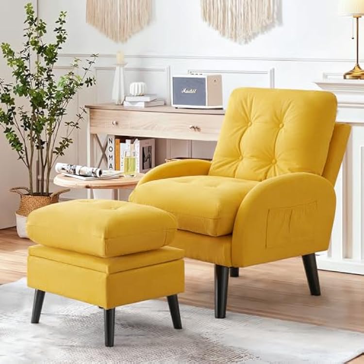 Accent Chairs with Ottoman, Upholstered Comfy Armchair, Reading Chair Recliners with Adjustable Backrest & Storage Footrest, Lazy Chair for Livingroom, BedroomLinen Fabric - Yellow
