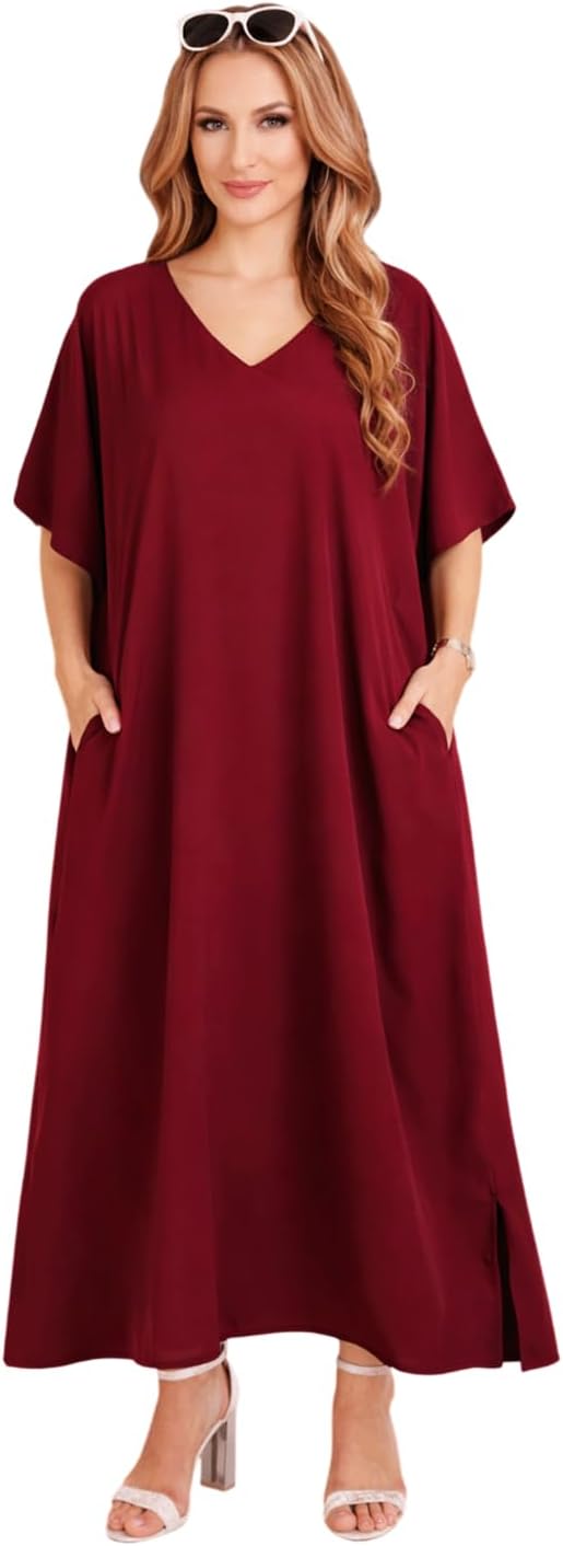Miss Lavish London Long Kaftan - Elegant V Neck Loose Fit Beach Kimono Gown, Plus Size Kaftans Resort Wear Lounge Dresses