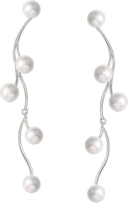 SWEETV Silver Pearl Drop Dangle Earrings for Women, Vine Pearl Dangling Wedding Bridal Earrings for Brides Bridesmaids,Prom Formal Jewelry Gifts