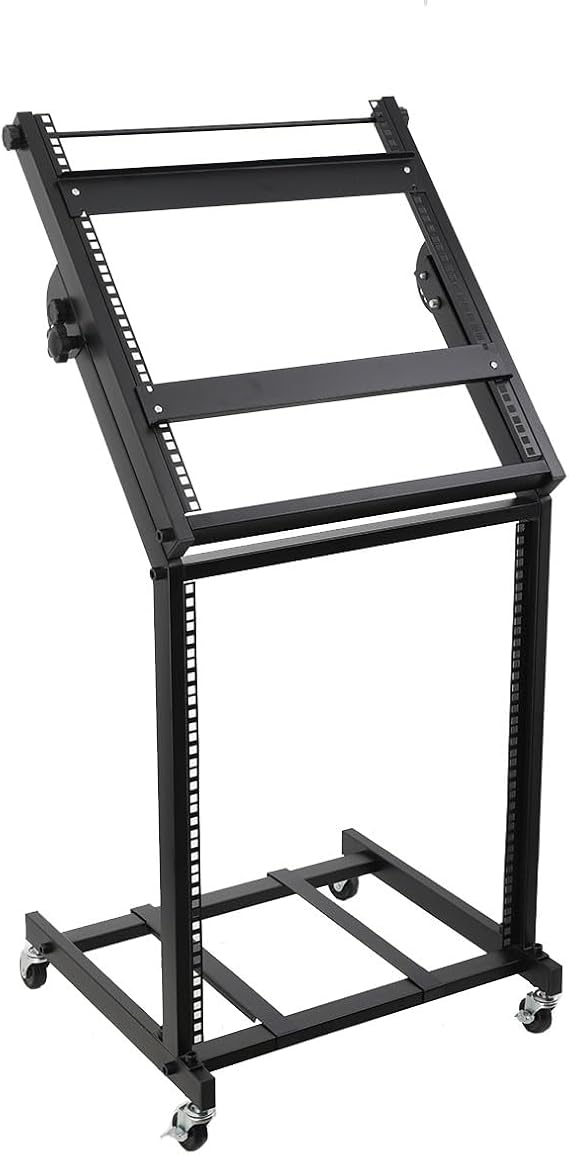12U Mixer Rack Stand – Adjustable Height DJ Stand, Mobile DJ Table & DJ Controller Stand for Studio, Stage & Home Setup, 2-Tier Audio Equipment Rack with Lockable Wheels, Max Load 100kg, Black