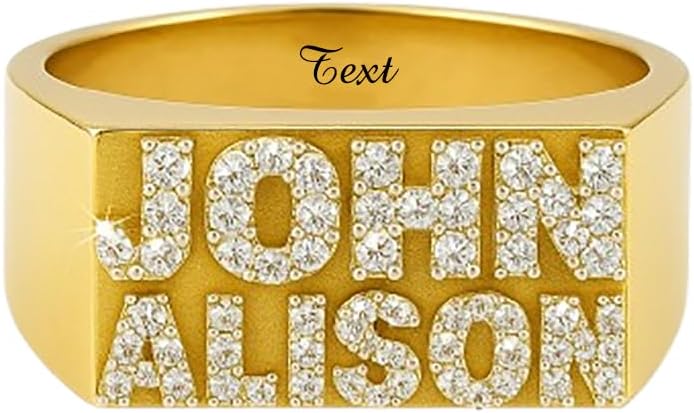 14K Gold Personalized Name Ring for Men 10K/14K/18K Real Yellow Gold 2 Names Moissanite Iced Out Men Ring Custom Any Name for Him Dad Grandpa Godfather Birthday Fathers Day Anniversary
