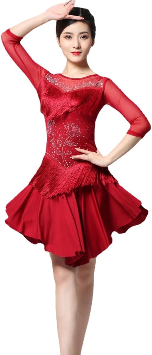 HEARTTOUCH Women Ballroom Dance Dress Salsa Latin Dance Dress with Shorts Modern Waltz Tango Swing Dress Competition Costume
