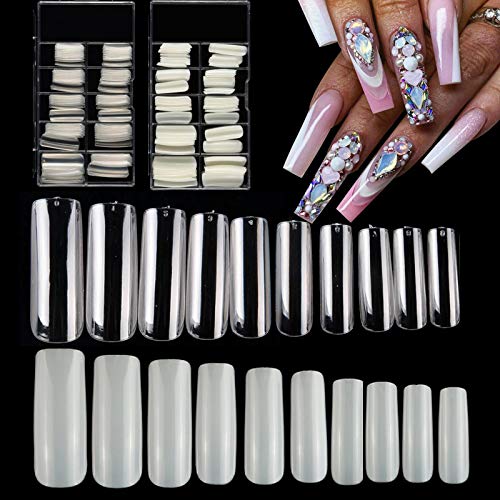 200pcs Extra Long Square Nail Tips Full Cover Acrylic Fake Nails Clear and Natural 10 Size