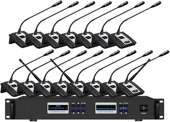 8 Channels Wireless Conference Room Microphone 15 Microphones Digital Discussion System 1 President 14 Delegate Mic for Church, School, Government, Training Wireless Conference Microphone System