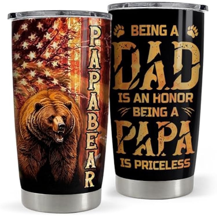 SANDJEST Dad Tumbler 20oz Stainless Steel Cup Papa Bear Insulated Travel Mug Dad Gifts from Daughter Son Gift for Dads Papa Father on Birthday Christmas Fathers Day
