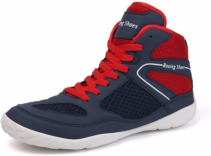 Mens Professional Boxing Shoes, High Cut, Wrestling Shoes, Wide, Anti-Slip, Weightlifting, MMA Shoes, Ankle Guard, Gym, Race Training Shoes, For Martial Arts, Practice, Thick Soles, Black, Blue,