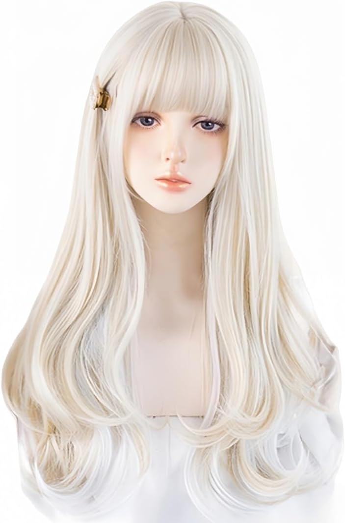 Lolita Wig, Long Hair, Curly, Bangs, White, Gold Wig, White Gold Point Color, Cosplay, Heat Resistant, Disguise, Costume, Present, Event, Halloween, Christmas, School Festival, Cultural