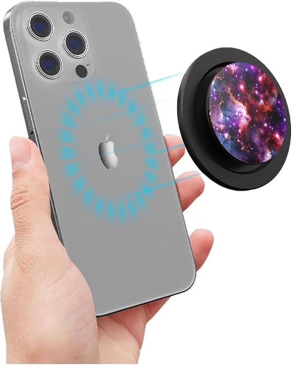 Foldable Magnetic Phone Stand with Grip - Strongest Magnet, Compatible with MagSafe Includes Metal Adapter Ring & Holder - Dreamy Galaxy