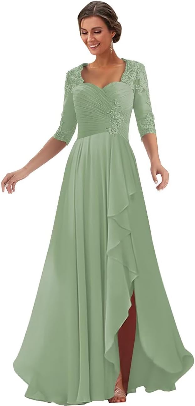 Lace Appliques Mother of The Bride Dresses for Wedding 12 Sleeves Chiffon Long Formal Dress Evening Gown