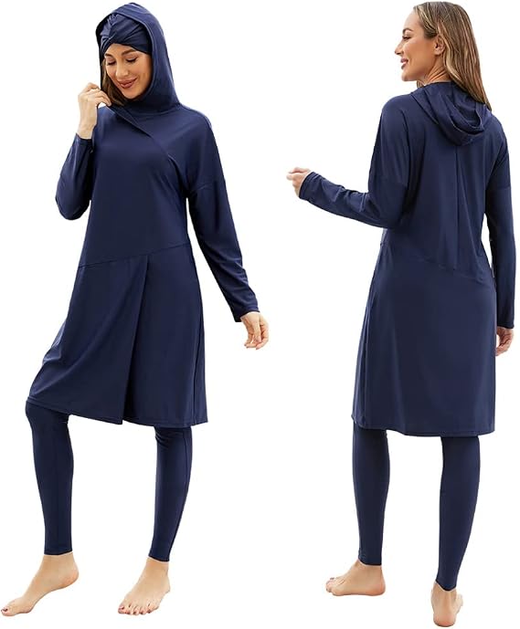 Women Muslim Swimwear Islamic Modest Swimsuit 3 Pieces Full Cover Hijab Long Sleeve Burkini Top Dress + Pants