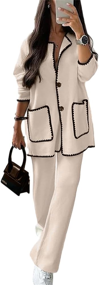 HOULENGS Womens 2 Piece Outfits Button Down Contrast Cardigan Sets Wide Leg Long Pants Lounge Sets Tracksuit