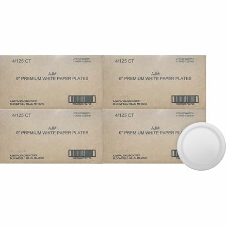 AJM Packaging CP9AJCWWH14 9" Heavy Duty Coated Plate, Premium White FOODSERVICE, 4/125 PER CASE, Paper, White (Pack of 500)