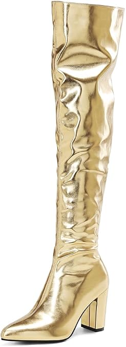YIYA Women's Metallic Over the Knee High Boots Pointed Toe Chunky Mid Heel Thigh High Fashion Dress Boots Zipper Long Boots