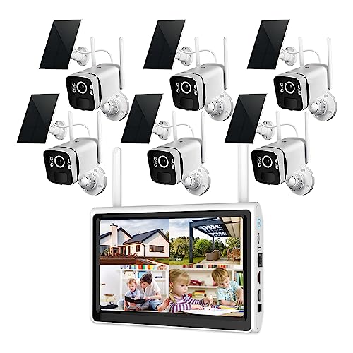 2K Solar Security Cameras Wireless Outdoor WiFi with 10 Monitor, 10CH 4MP Wire-Free Camera System, 6PC Battery Powered Security Cameras for Home Security, Waterproof, Floodlight, 64G Storage