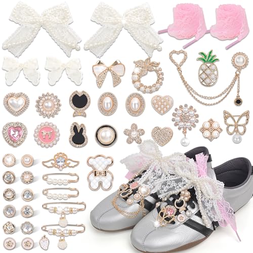 yuboo Pink Shoe Charms for Sneakers, Lace Bow Pearl Bear Pineapple Jewelry Pins Junk Charm Set