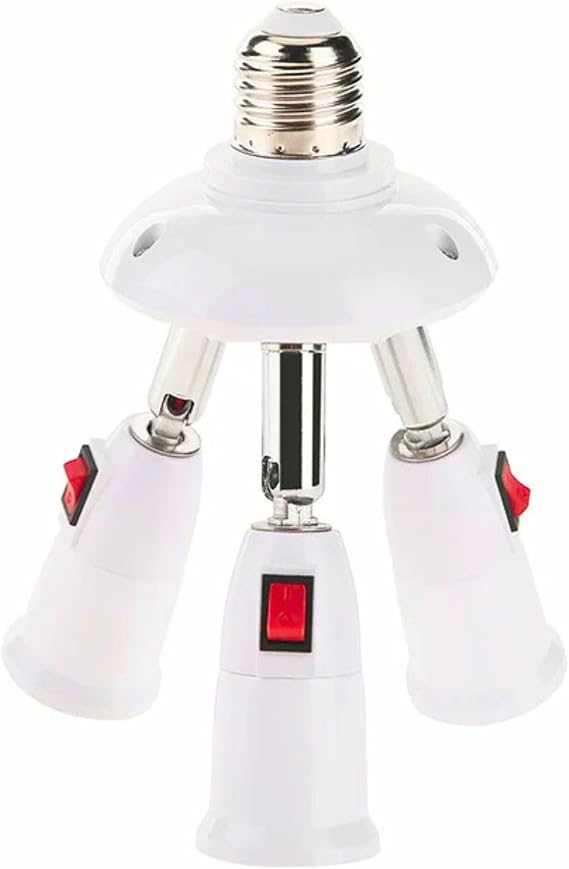 3-Way E26/E27 Light Socket Splitter with Switch, Adjustable Arm | 180 Bendable Multi-Socket Light Extender for LED/CFL/Motion Sensor Bulbs, Light Bulb Extension Socket