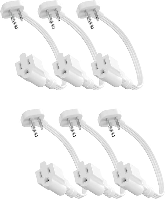 Flat Plug 3-Prong Short Extension Cord 1Ft White 6-Pack 16AWG 13A 1625W | Low Profile Design, Outlet Saver, 3-Prong Grounded, Indoor Use for Tight Spaces