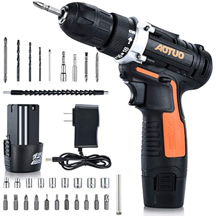 12V Cordless Drill, 31Pcs Drill Kit Power Drill with 38 Inch Keyless Chuck, LED Light, 151 Torque Setting, Speed Electric Drill for Drilling Bricks, Metal, Wood