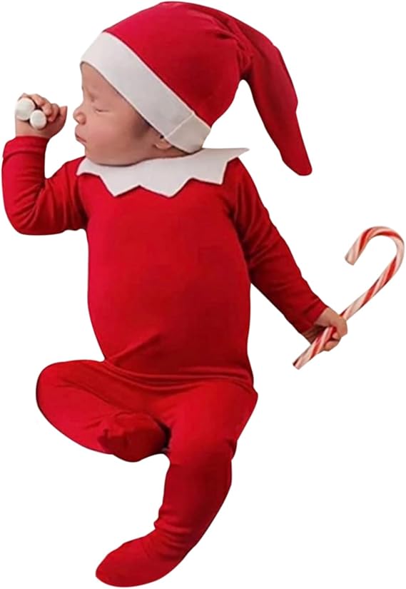 ForBaysy Newborn Baby Christmas Photo Props Outfit Infant Boys Girl Photoshoot Costume Red jumpsuit With Xmas Hat