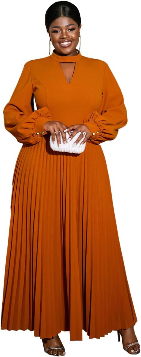 AOMEI Women's Cutout Long Pleated Church Dress Puff Sleeve Stand Collar Casual Dresses for Women Classy