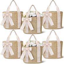 6 Pcs Bridesmaid Straw Beach Bags Reusable Woven Burlap Tote Bags with Handles Ribbon for Bachelorette Wedding Gifts(White)