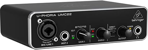 Behringer UMC22 Audiophile 2x2, 48 kHz USB Audio Interface with Midas Mic Preamplifier for Recording Microphones and Instruments