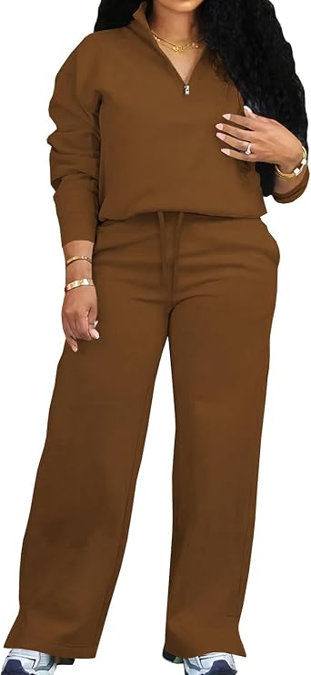 Adogirl Women 2 Piece Lounge Sets Fall Half Zip Sweatshirt Wide Leg Pants