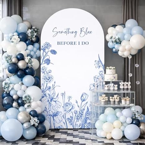 Something Blue Before I Do Arch Backdrop Cover for Bridal Shower Bride to be Parties Arch Spandex Fabric Cover Blue Bloom Floral Toile Party Decors (2.6x6ft,4291)