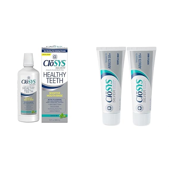 CloSYS Healthy Teeth Oral Rinse Mouthwash - 32 Fl Oz & Silver Fluoride Toothpaste for Adults 55+, 3.4 Ounce, Gentle Mint, Travel Size, TSA Compliant, pH Balanced, Enamel Protection, Sulfate Free