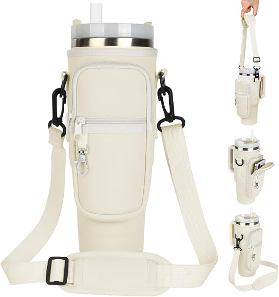 Water Bottle Carrier Bag, Water Bottle Holder with Adjustable Strap & Phone Pocket Compatible for Stanley Cup, Fits Stanley Quencher 40 oz Tumbler, Walking Hiking Camping-White