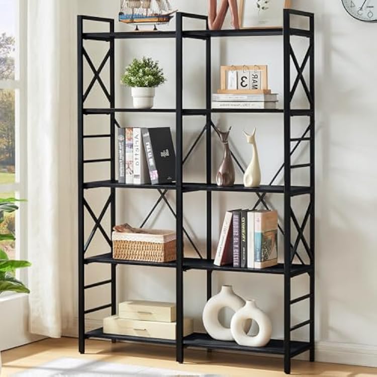 HOMBAZAAR Book Shelf,Industrial Double Wide 5 Tier Bookshelf,Engineered Wood and Metal Bookcase with Display Shelves,Open Bookcases with Storage for Living Room,Bedroom and Office,Black