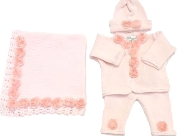 Bubu Knitted & Crochet Finished Pink Cotton Sweater Pant Hat with Roses Blanket.