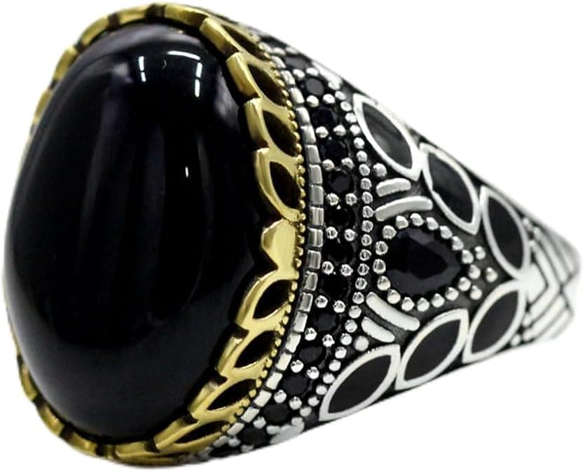Solid S925 Sterling Silver Men's Ring Blue Crystal Glass Black Agate Red Agate Purple Zircon Turquoise Ring Turkiye Handmade Ring National Style Craft Unique Jewelry