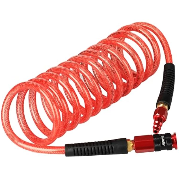 Heavy Duty Reinforced Polyurethane Recoil Air Hose 14 in x 10 ft, Lightweight, Flexible Compressor Hose with Universal Quick Coupler, Plug and Bend Restrictors, Red