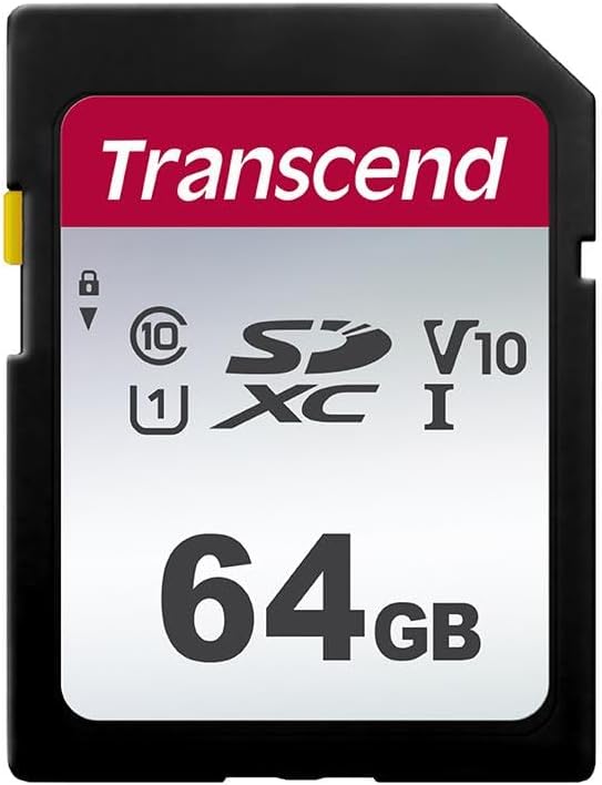 Transcend SDC300S 64GB SDXC SD Card, Compatible with DSLR Cameras/Digital Cameras/Trail Cameras/Camcorder, Up to 100MB/s, UHS-I U1 V10, Full HD, Class 10 High-Speed Memory Card