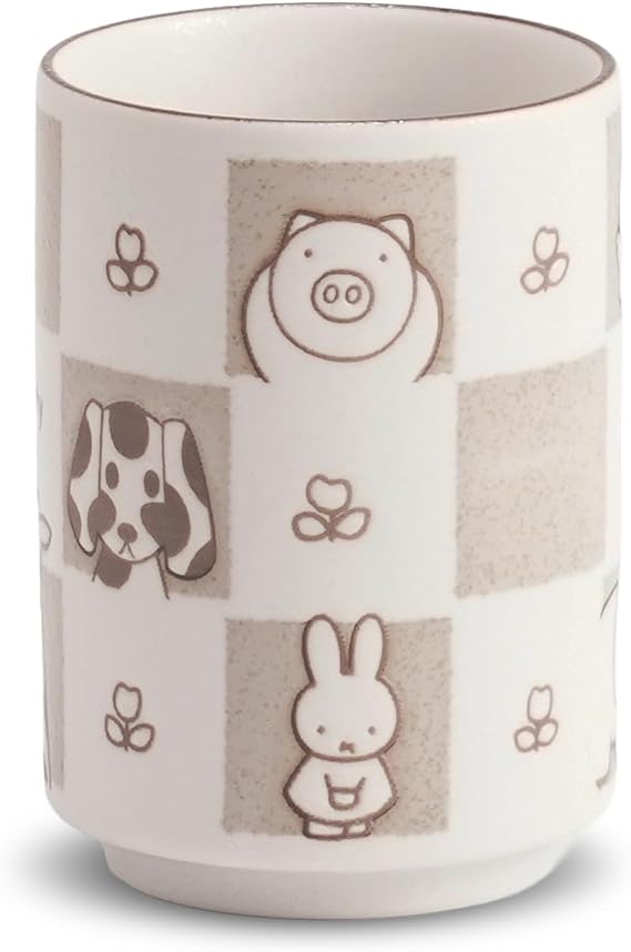 Japanese Porcelain Yunomi Tea Cup | Made in Japan | Character Design with Flowers and Animals | 8.8 fl oz / 260 ml (Animal Brown)
