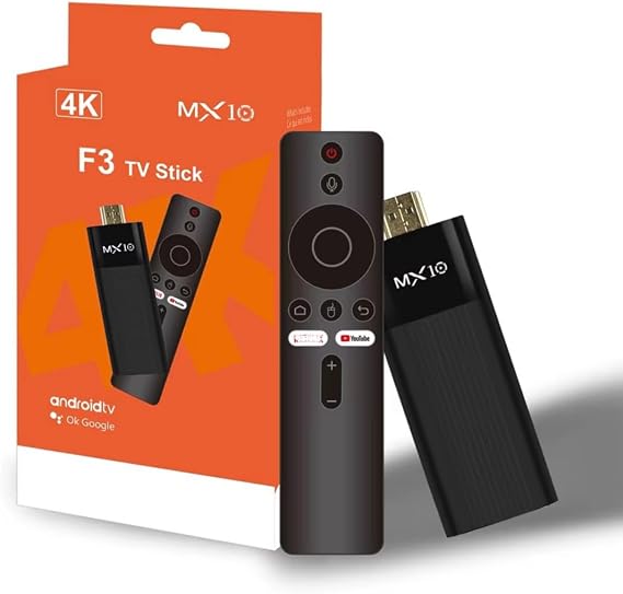 MX10 F3 4K Android TV Stick with Remote Control, Supports YouTube and Streaming Apps